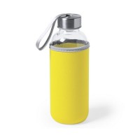 Botella de cristal borosilicato con funda amarilla y tapón con asa