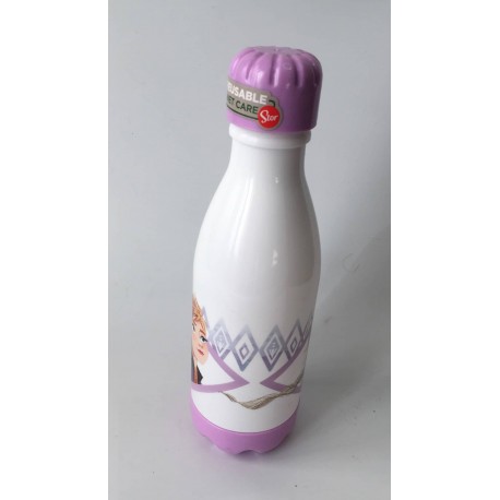 Botella de agua Frozen blanca con dibujos rosas y tapón de rosca