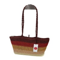 Bolso de rafia a rayas horizontales en tonos beige, ocre y granate con asas grandes