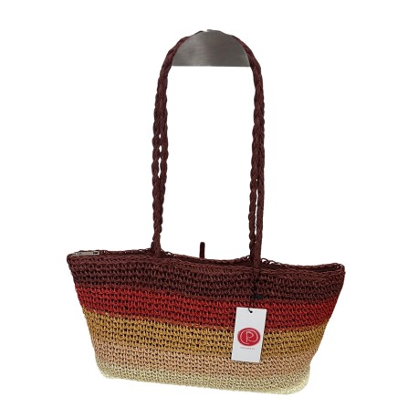 Bolso de rafia a rayas horizontales en tonos beige, ocre y granate con asas grandes