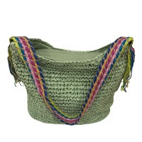 Bolso de rafia verde menta con bandolera multicolor y cremallera