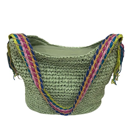 Bolso de rafia verde menta con bandolera multicolor y cremallera