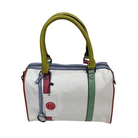 Bolso blanco de lona con asas y bandolera multicolor