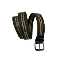 Cinturón unisex de lona verde militar y beige con cierre de piel