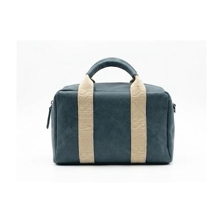 Bolso de mano estilo bowling en color azul petróleo con bandas frontales beige
